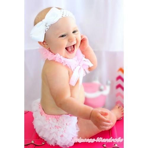 Light Pink Chiffon Ruffle Ribbon Scarf & White Ruffles Light Pink White Dots Bloomers & White Headband Silk Bow LD286
